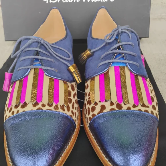 NEW Handmade Pink Blue Suede Leather Leopard Fringe Oxford Lace-Up Shoes 6 -9.5 - Picture 9 of 12